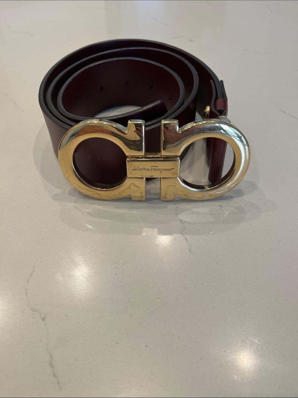 Salvatore Ferragamo Men's Dark Brown Leather Belt with Gold Gancini Buckle